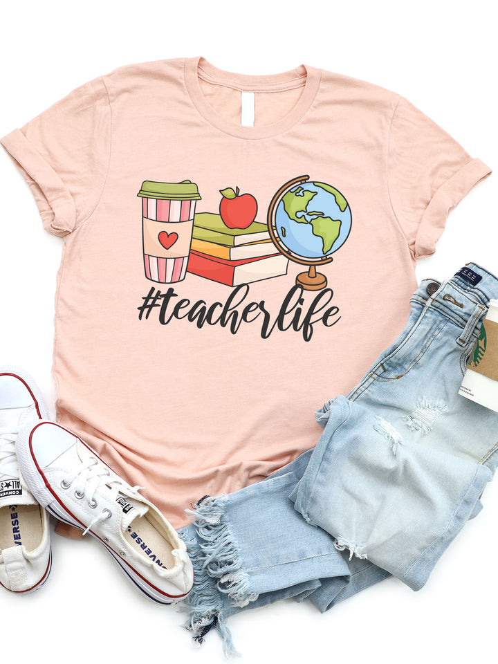 #TeacherLife Coffee Books Globe Graphic Tee