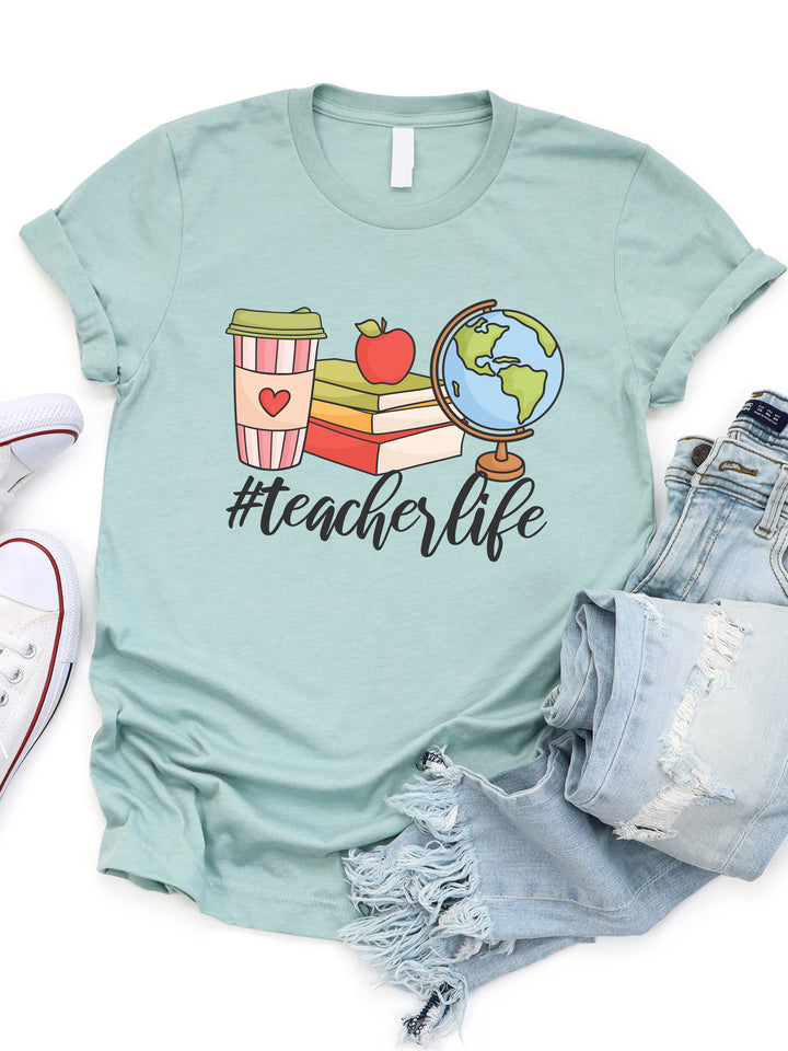 #TeacherLife Coffee Books Globe Graphic Tee