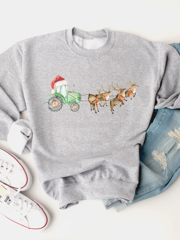 Tractor Sleigh With Reindeer - Christmas Graphic Sweatshirt