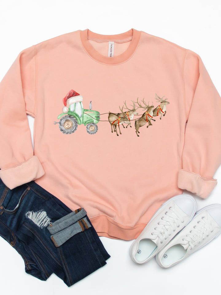 Tractor Sleigh With Reindeer - Christmas Graphic Sweatshirt
