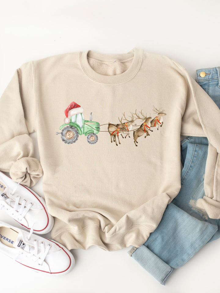Tractor Sleigh With Reindeer - Christmas Graphic Sweatshirt