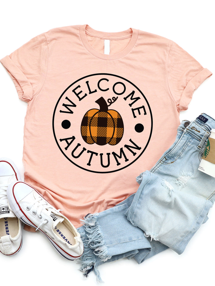Welcome Autumn Checkered Pumpkin Graphic Tee