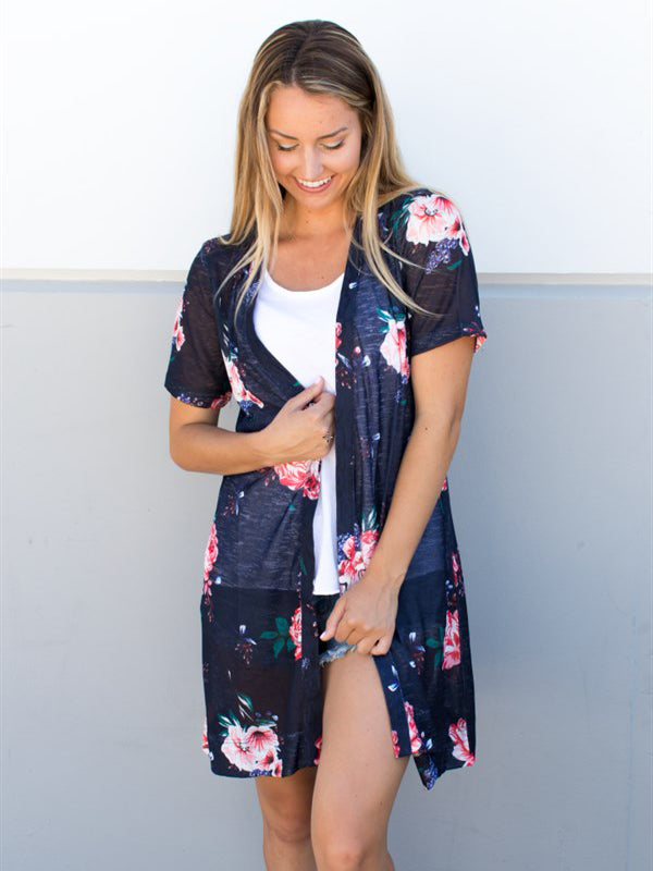 Floral Short Sleeve Sheer Knit Cardigan
