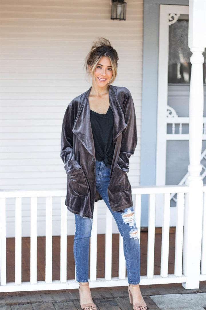 The Poppy Velvet Cardigan - Gray - Tickled Teal LLC