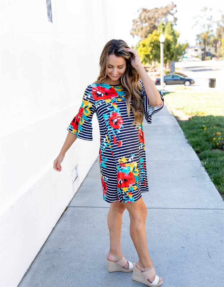 Stripe & Floral Bell Sleeve Gemma Dress