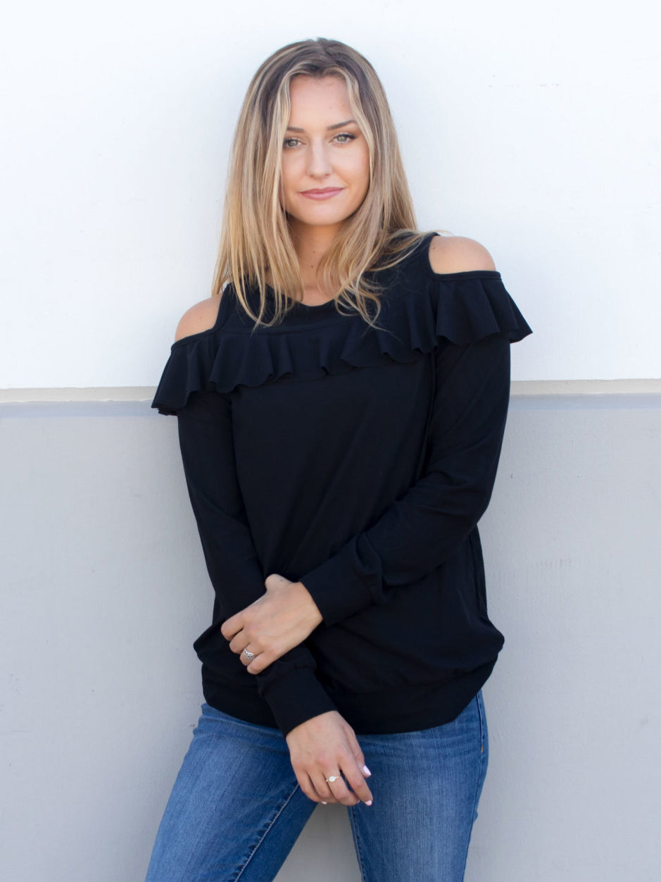 Ruffle cold shoulder sweater hotsell