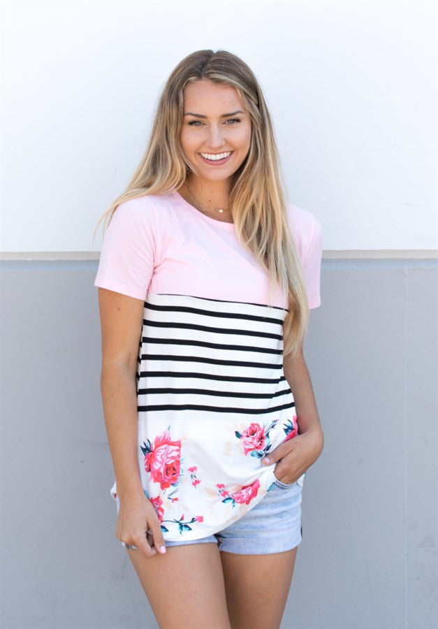Floral Stripe Tunic - Pink - Tickled Teal LLC