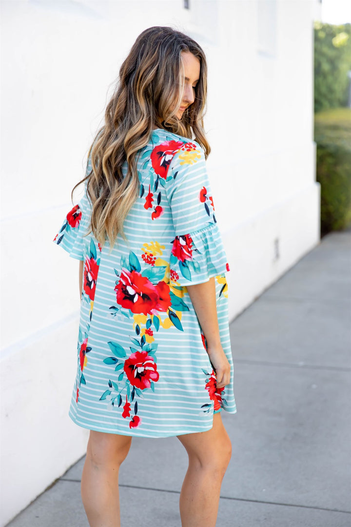 Stripe & Floral Bell Sleeve Gemma Dress
