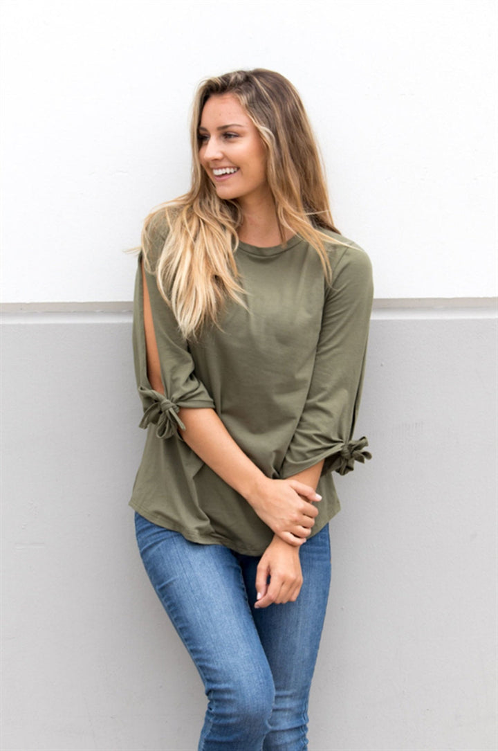 Tie Sleeve Tunic - Olive - Tickled Teal LLC