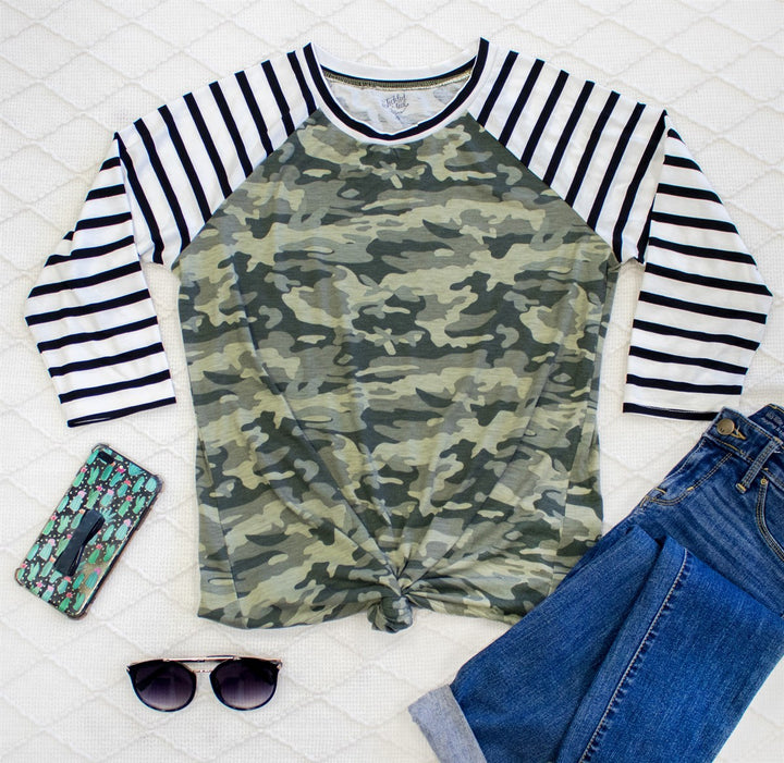 Stripe Sleeve Camo Raglan - Tickled Teal LLC