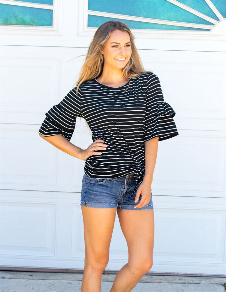Ruffle Sleeve Tie Front Top - Black - Tickled Teal LLC