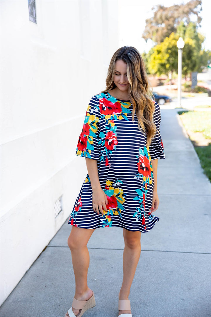 Stripe & Floral Bell Sleeve Gemma Dress