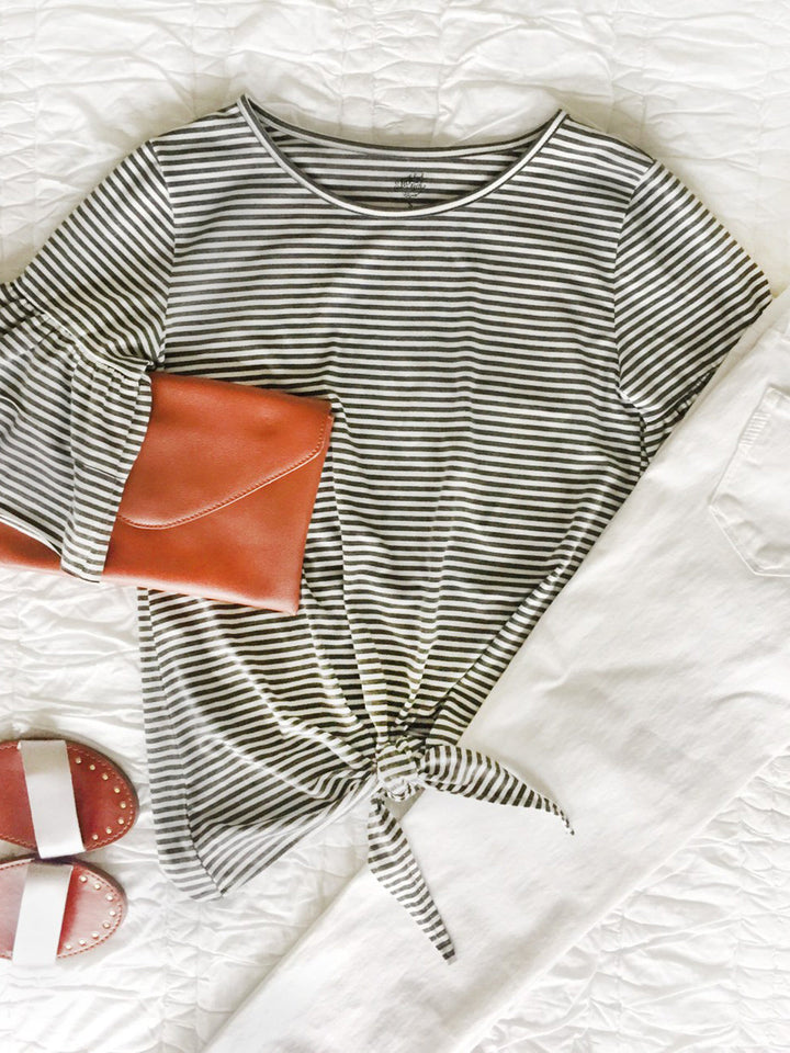 Stripe Ruffle Sleeve Tie Front Top