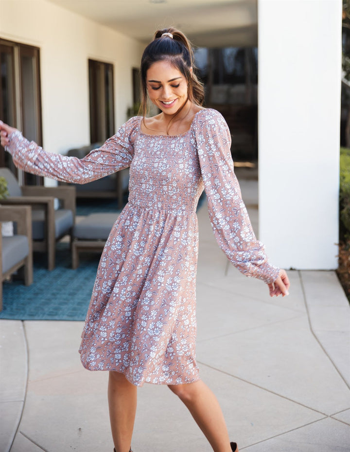 Smocked Square Neck Long Sleeve Triana Dress