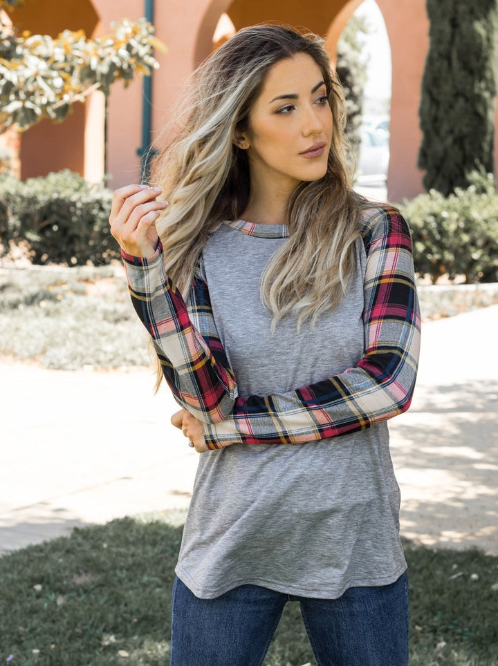 Fall Plaid Sleeve Raglan - Gray - Tickled Teal LLC