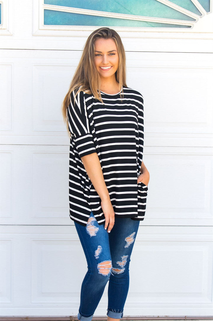 Stripe Side Pocket Tunic - Black - Tickled Teal LLC