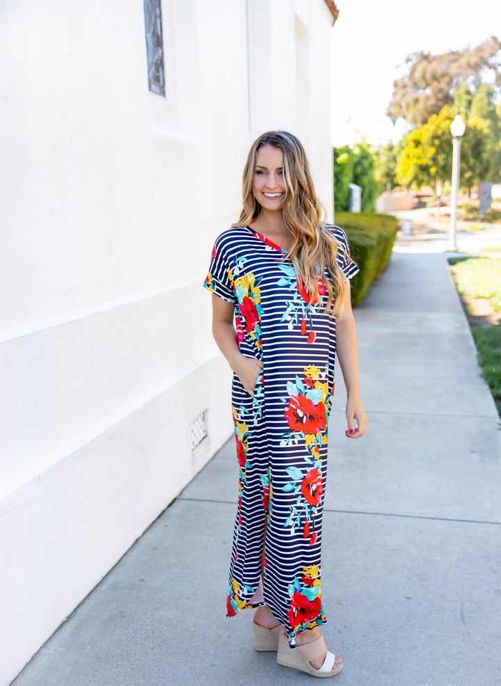 Striped Floral Relaxed Maxi Dress