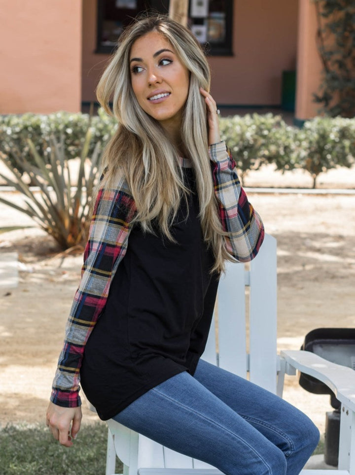 Fall Plaid Sleeve Raglan - Black - Tickled Teal LLC