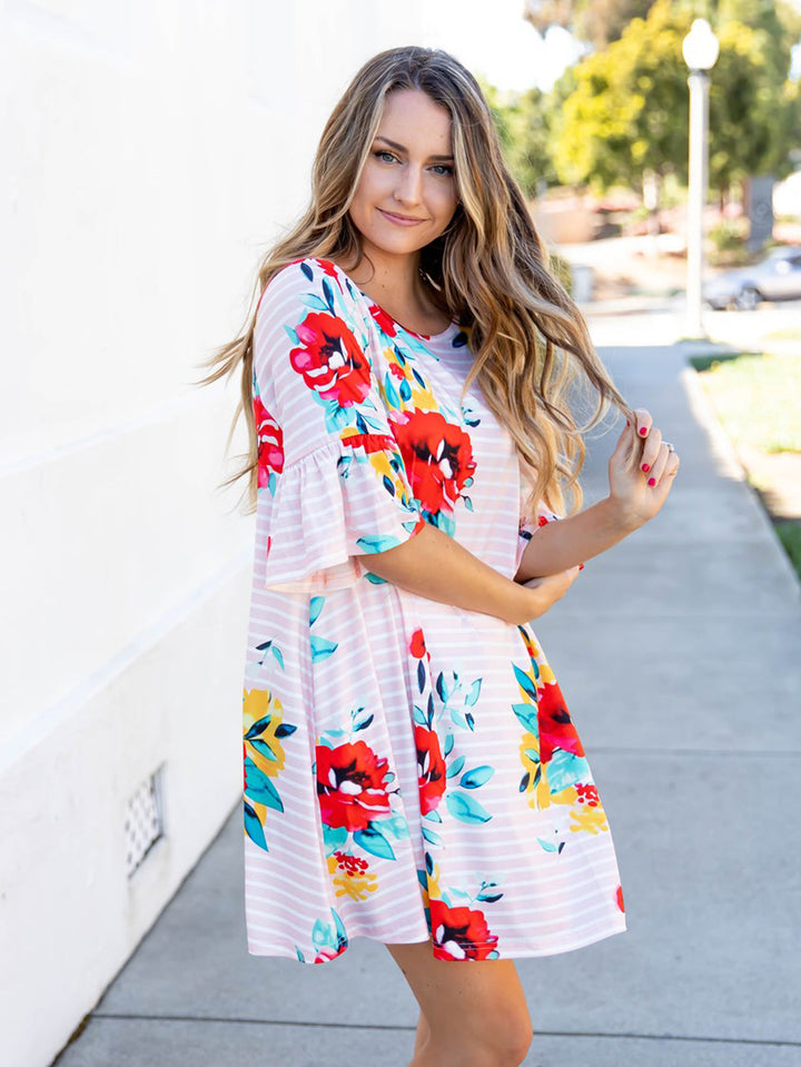 Stripe & Floral Bell Sleeve Gemma Dress