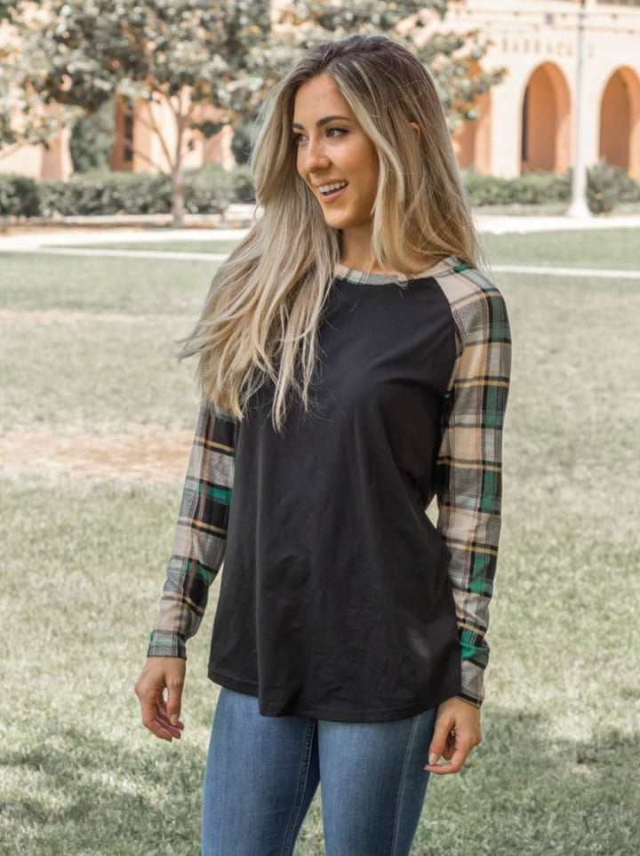 Fall Plaid Sleeve Raglan - Black - Tickled Teal LLC