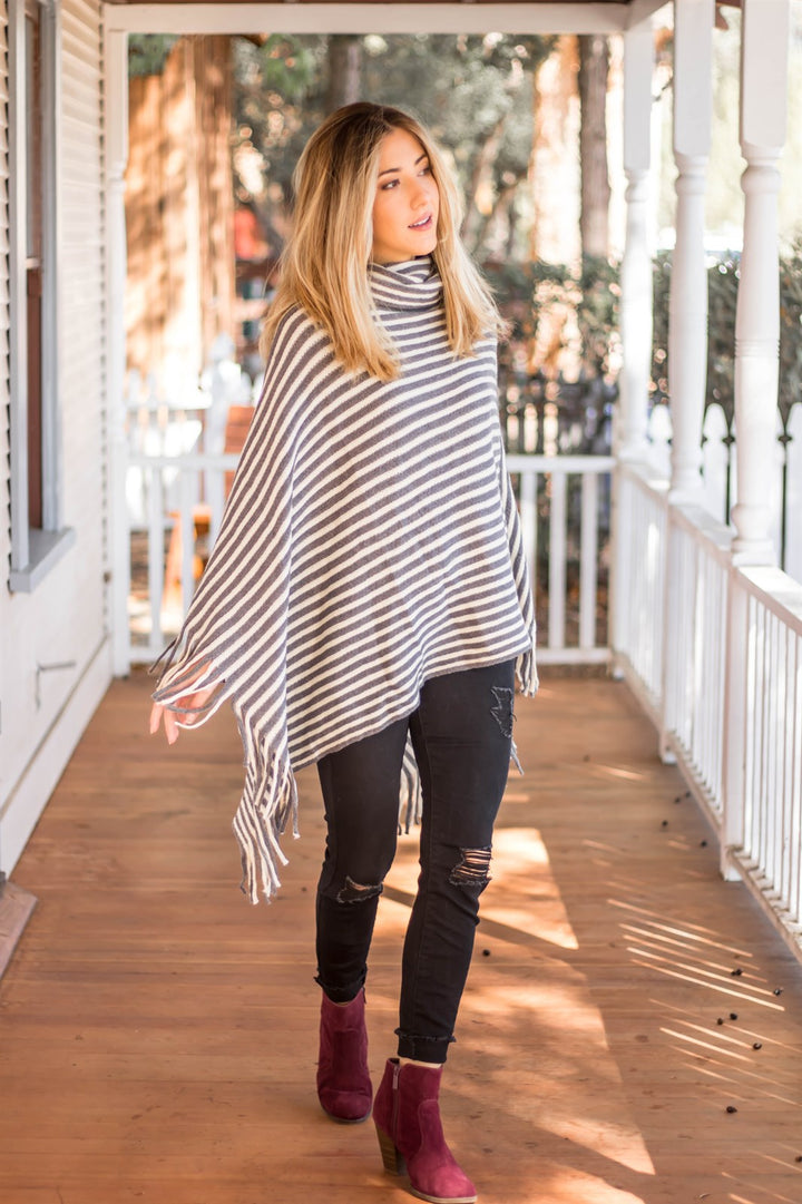 Stripe Poncho - Gray & White - Tickled Teal LLC