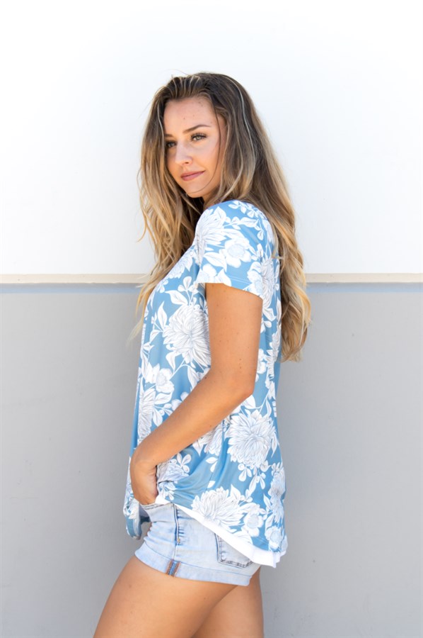 Floral Criss Cross Top - Antique Blue