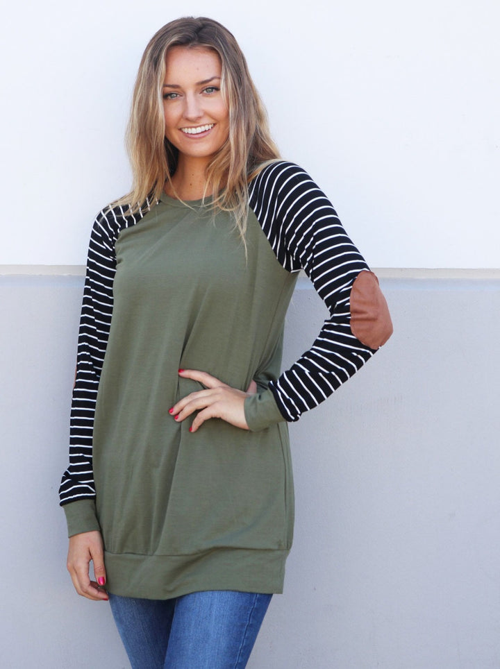 Stripe Elbow Patch Contrast Tunic - Tickled Teal LLC