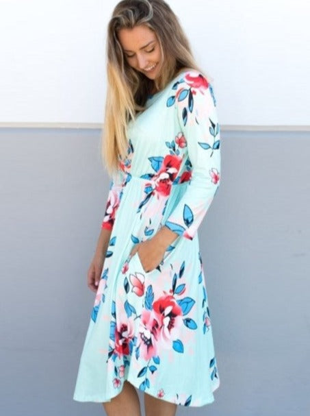 Floral Midi Dress - Mint - Tickled Teal LLC