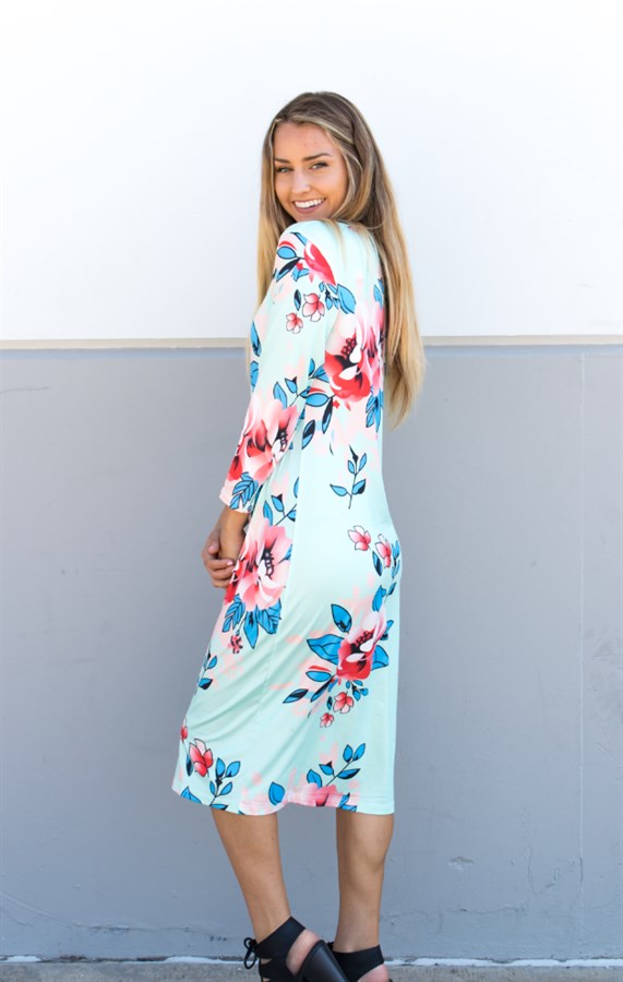 Floral 3/4 Sleeve Midi Dress - Mint - Tickled Teal LLC