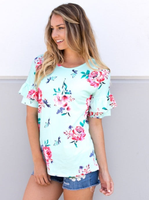 Ruffle Sleeve Floral Tunic - Mint - Tickled Teal LLC