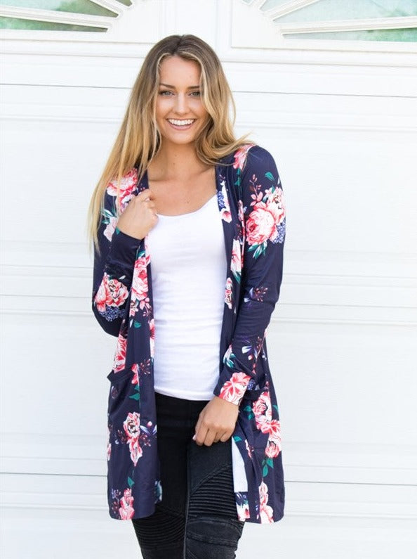 Long Sleeve Floral Cardigan - Tickled Teal LLC