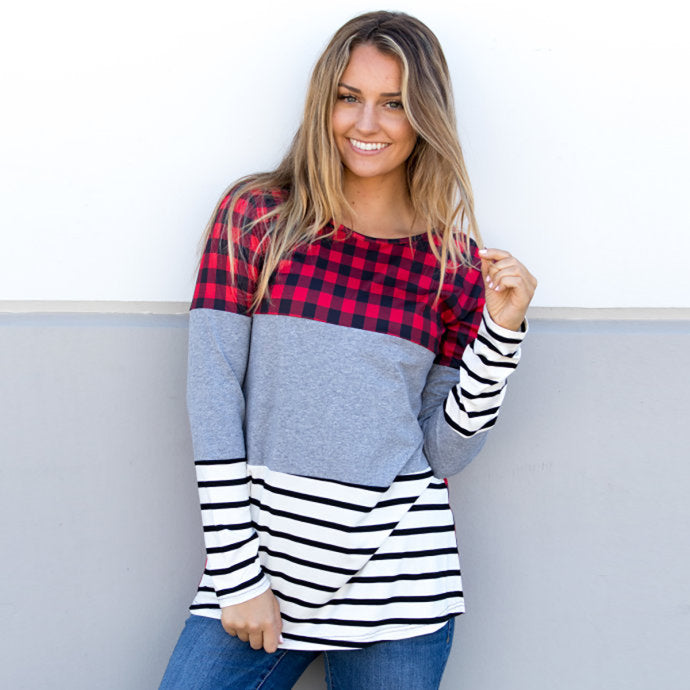 Buffalo Plaid & Stripe Long Sleeve Colorblock Tunic