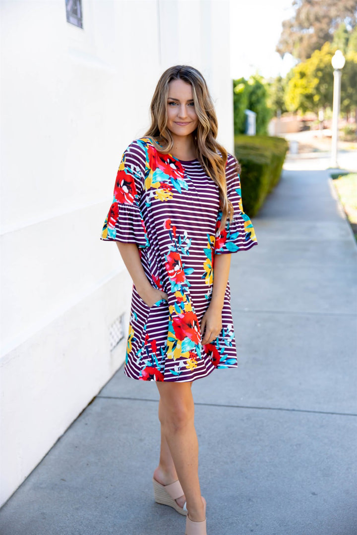 Stripe & Floral Bell Sleeve Gemma Dress