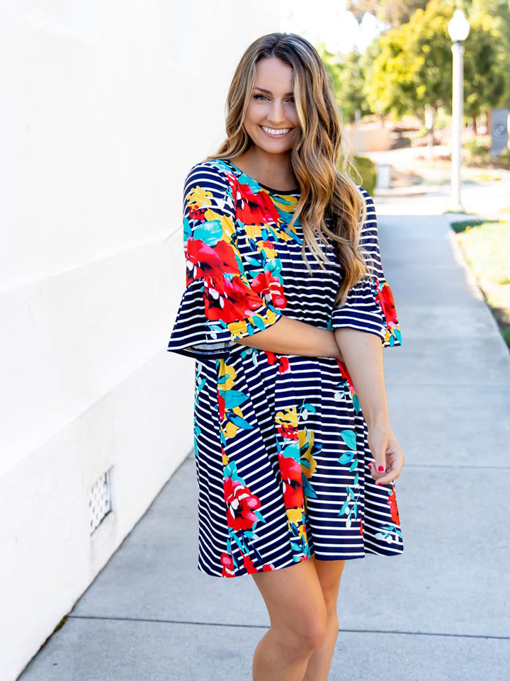 Stripe & Floral Bell Sleeve Gemma Dress