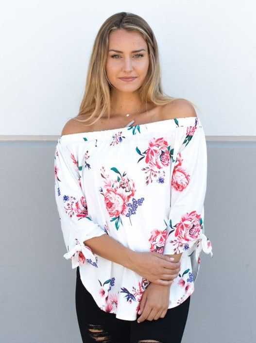 Floral Off Shoulder Top - Ivory - Tickled Teal LLC