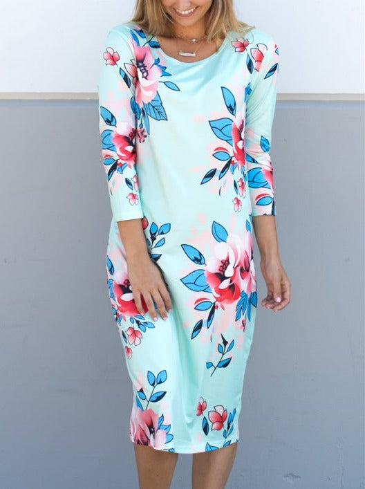 knee length dresses for ladies Floral 3/4 Sleeve Midi Dress