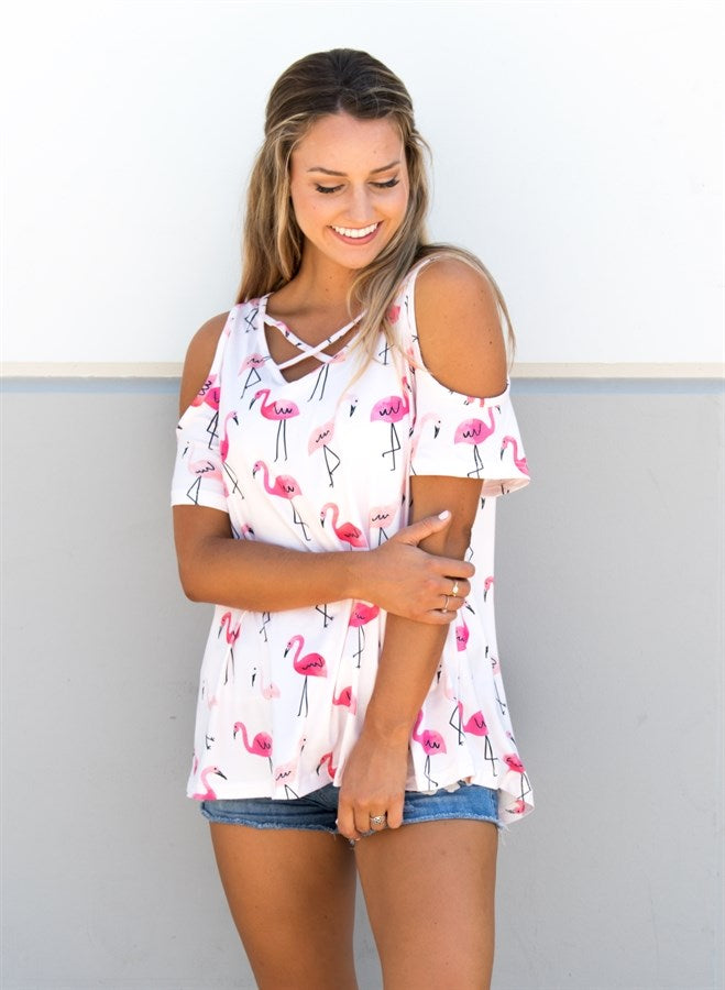 Flamingo Cold Shoulder Tunic - Tickled Teal LLC
