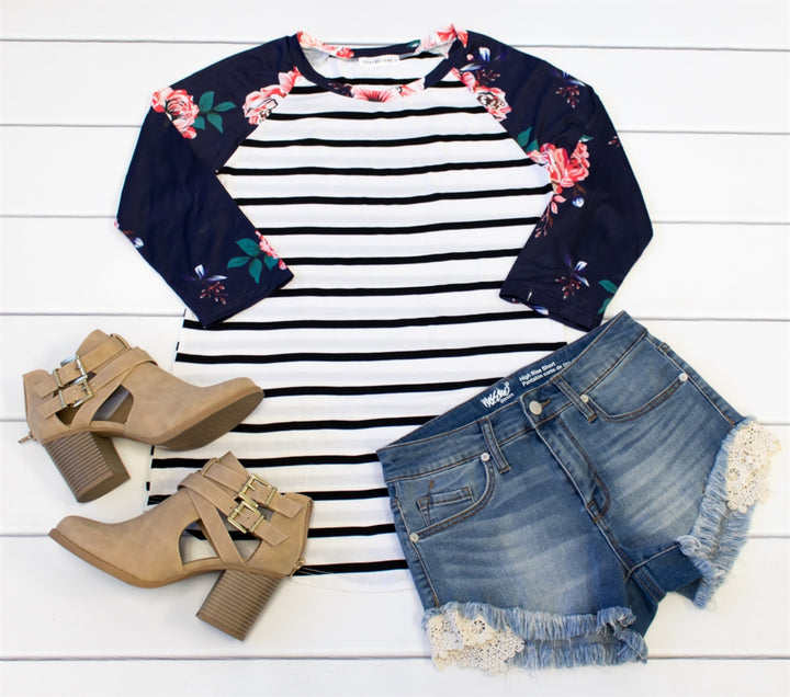 Floral Stripe Raglan - Tickled Teal LLC