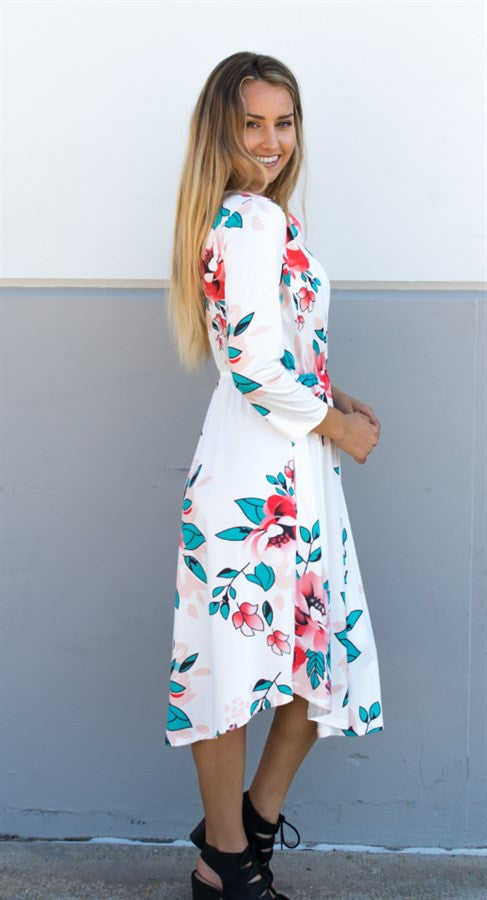 Floral Midi Dress - Ivory - Tickled Teal LLC