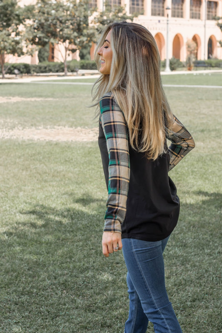 Fall Plaid Sleeve Raglan - Black - Tickled Teal LLC