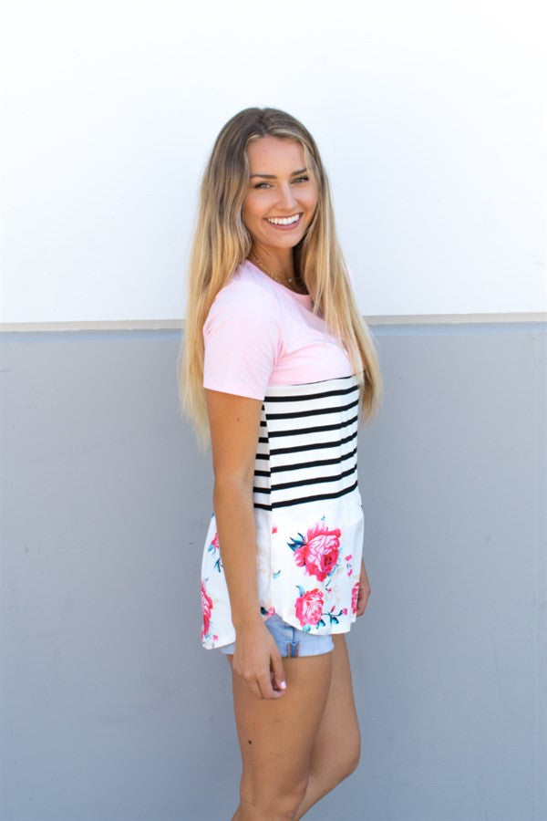 Floral Stripe Tunic - Pink - Tickled Teal LLC