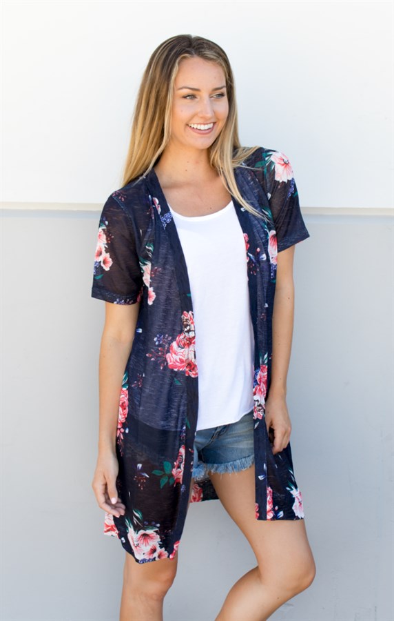 Short Sleeve Floral Knit Cardigan - Tickled Teal LLC