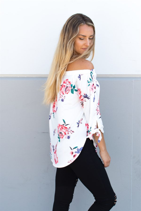 Floral Off Shoulder Top - Ivory - Tickled Teal LLC