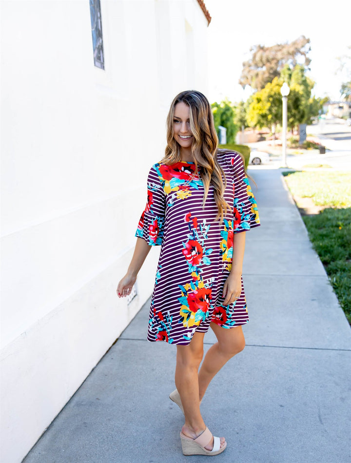 Stripe & Floral Bell Sleeve Gemma Dress