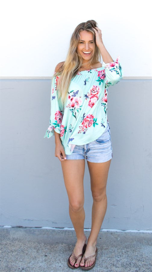 Floral Off Shoulder Top - Mint - Tickled Teal LLC