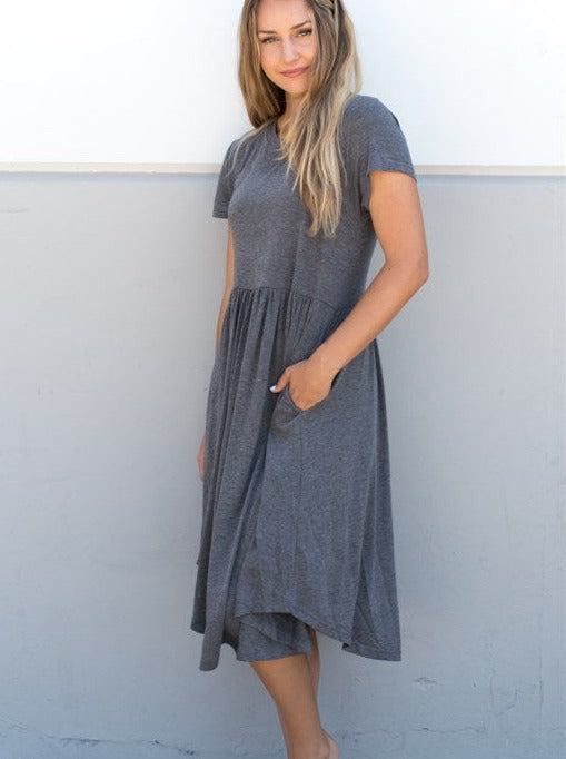 Solid Midi Dress - Gray - Tickled Teal LLC