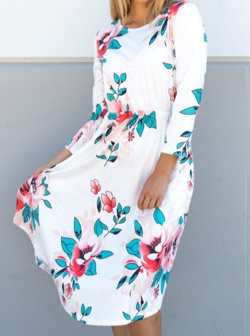 Floral Midi Dress - Ivory - Tickled Teal LLC