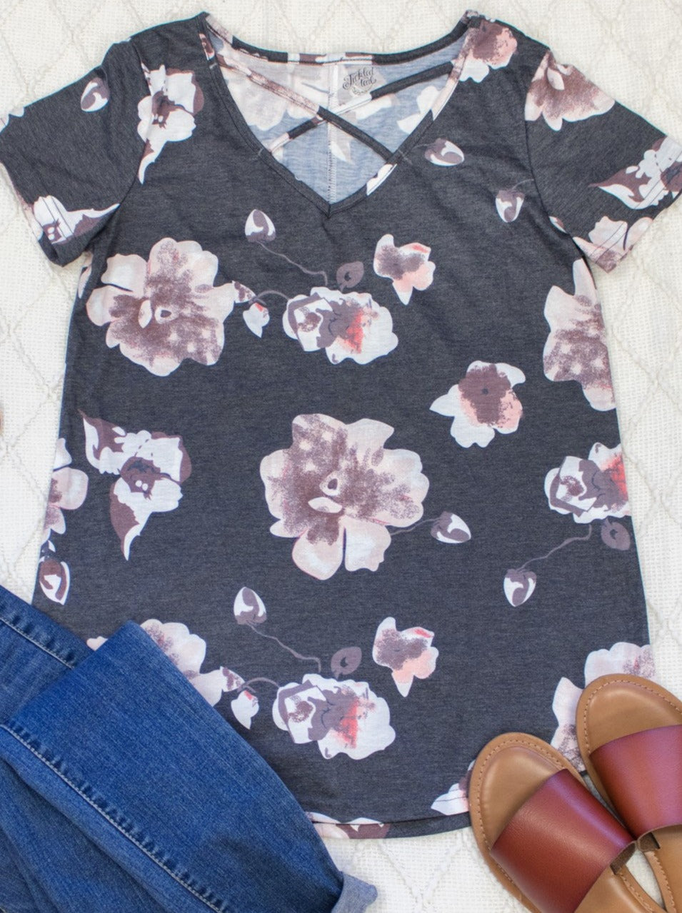 Floral Criss Cross Top - Charcoal