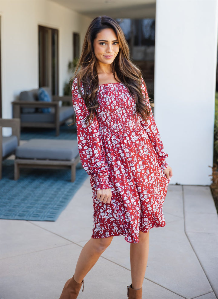 Smocked Square Neck Long Sleeve Triana Dress