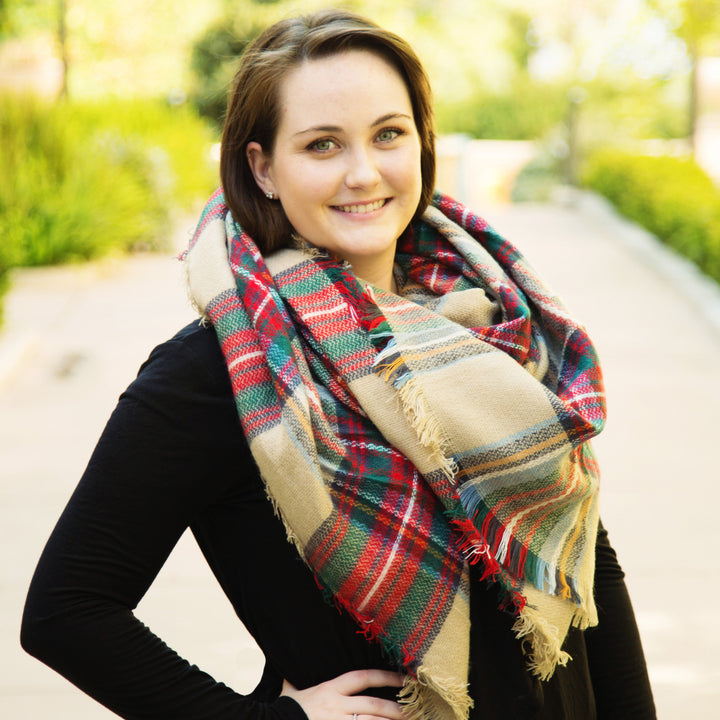 Plaid Blanket Scarf - Tan Green Red - Tickled Teal LLC